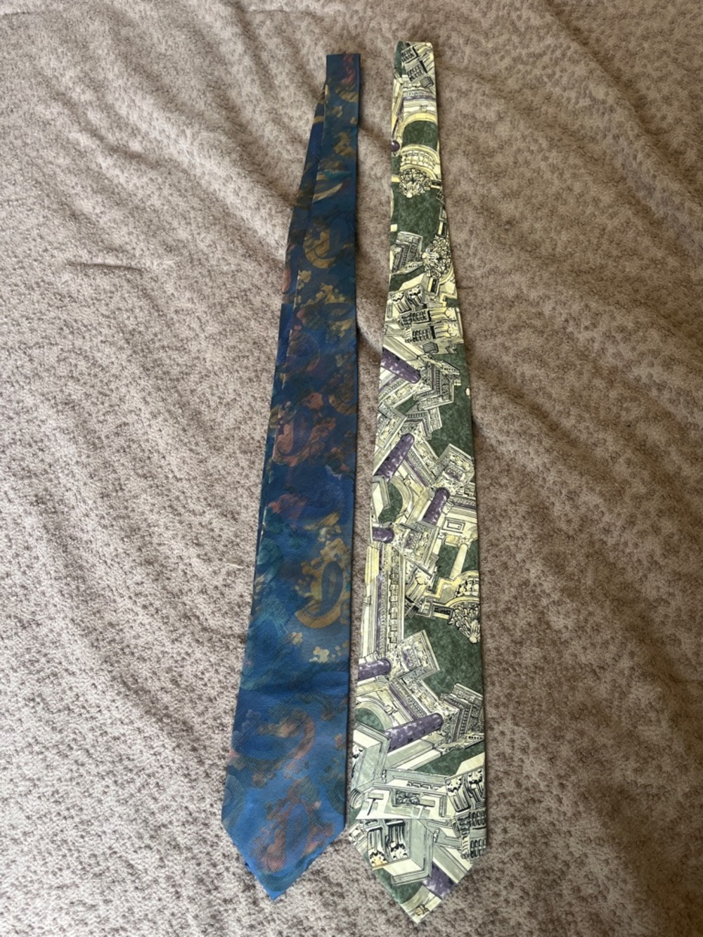 Vintage Two Patterned Men's Ties - Blue Paisley & Green Architectural Print